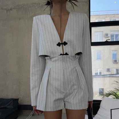 Designer Women’s Striped Set Casual Oversized Blazer Two Pieces Set For Women Pullover Long Sleeve Shirt Tops And Shorts