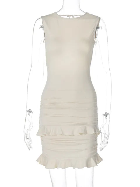 Vestido mini de encaje sexy sin espalda para mujer, fruncido, con retazos, sin mangas, elegante, ajustado, liso, para fiesta y noche.