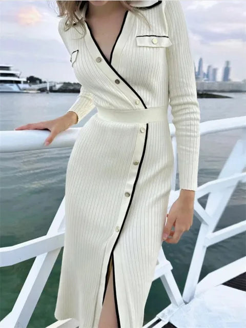 Side Slit Maxi Dresses For Women Knitted Slim Bodycon Dress Women’s Holiday Casual Party Temperament Evening Dress Woman