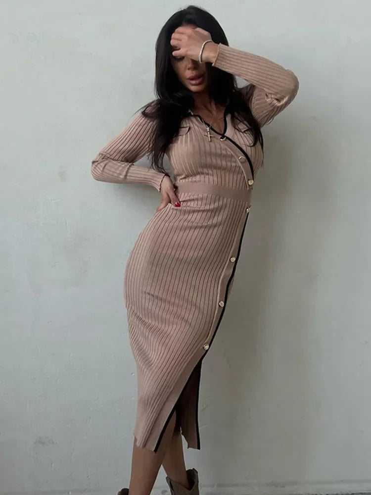 Side Slit Maxi Dresses For Women Knitted Slim Bodycon Dress Women’s Holiday Casual Party Temperament Evening Dress Woman