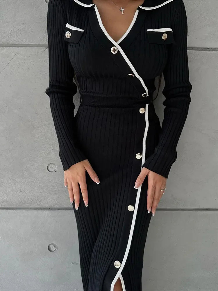 Side Slit Maxi Dresses For Women Knitted Slim Bodycon Dress Women’s Holiday Casual Party Temperament Evening Dress Woman