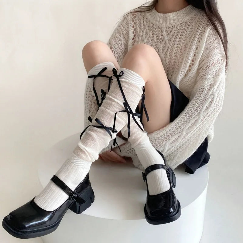 Splice Bow Loose Socks For Women Fashion Thermal Long Sock Knitting Socks Women’s Y2K JK Girl Keep Warm Leg Warmers Ladie