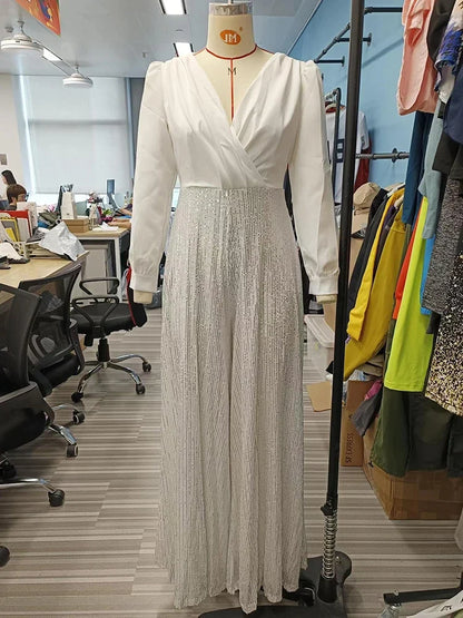 Splice Sequins Maxi Dresses For Women Fashion Folds Loose V Neck Elegant Dress Femme Party Evening Dresses Luxury 2025