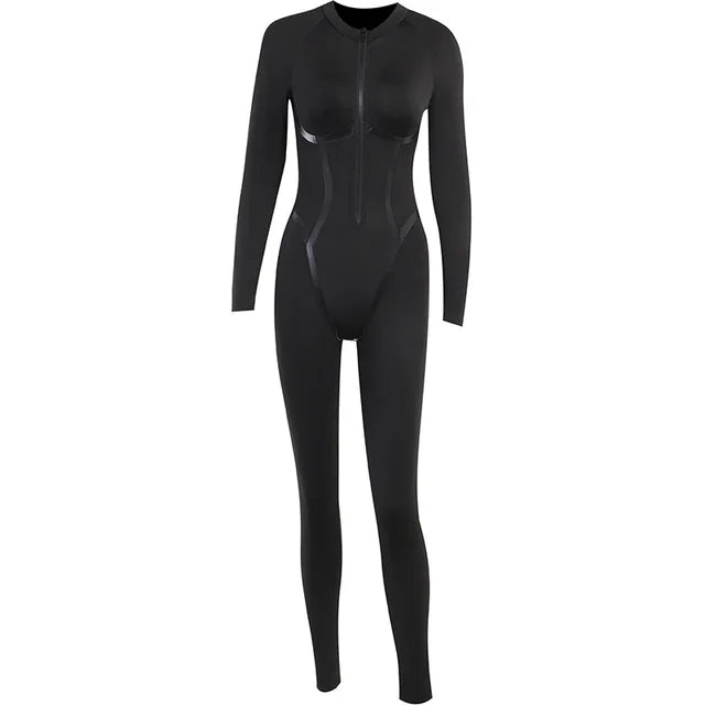 Mono deportivo de cuero con cremallera y cintura ajustada para mujer, mono de primavera con manga larga y retazos de cinta con abertura, monos de calle