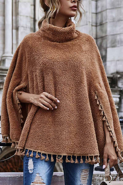 Loose High Neck Cape Coat With Fringed