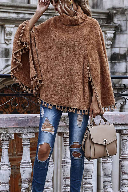 Loose High Neck Cape Coat With Fringed