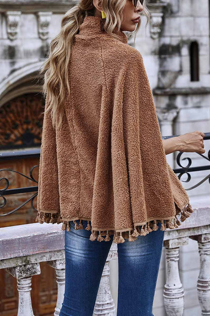 Loose High Neck Cape Coat With Fringed