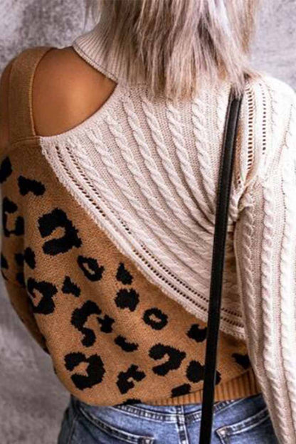 Turtleneck Leopard Print Patchwork Cold Sweater