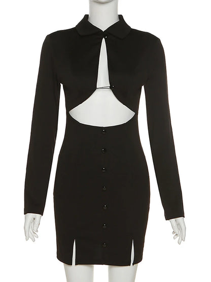 Vestido mini negro para mujer, vestido sexy ajustado de verano con agujeros para otoño, elegante vestido cruzado a la cadera para fiesta nocturna.