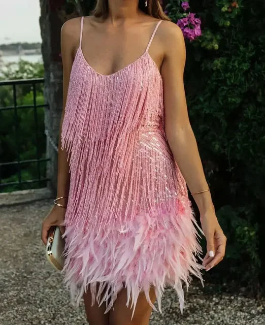 Vestido elegante con lentejuelas y borlas para mujer, minivestido con tirantes finos y plumas, sexy, para fiesta de verano y club de noche