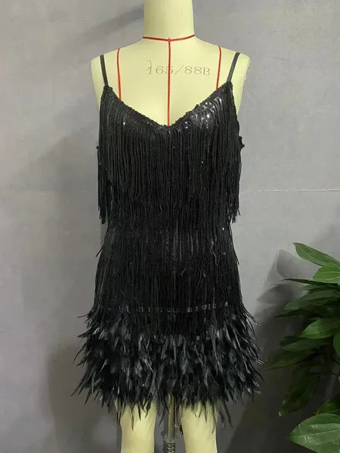 Vestido elegante con lentejuelas y borlas para mujer, minivestido con tirantes finos y plumas, sexy, para fiesta de verano y club de noche