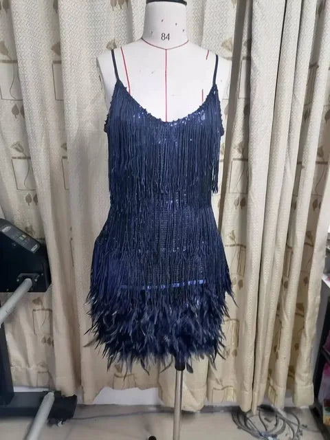 Vestido elegante con lentejuelas y borlas para mujer, minivestido con tirantes finos y plumas, sexy, para fiesta de verano y club de noche