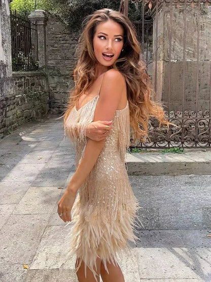 Vestido elegante con lentejuelas y borlas para mujer, minivestido con tirantes finos y plumas, sexy, para fiesta de verano y club de noche