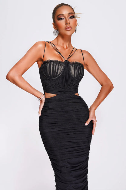 Tina Black Mesh Cut Out Ruched Midi Dress