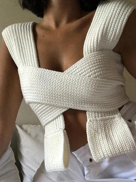2025 New DIY Style Knitted Tank Top Sweater Female Streetwear Fashion High Waist Camisole Women Sexy Backless Bandage Tops