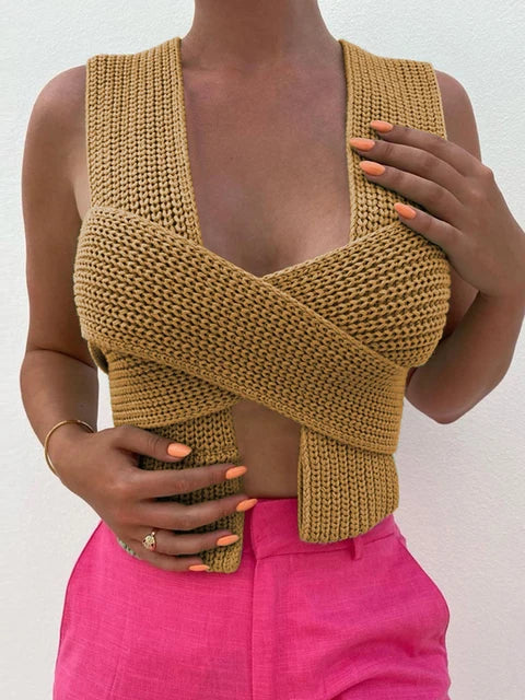 2025 New DIY Style Knitted Tank Top Sweater Female Streetwear Fashion High Waist Camisole Women Sexy Backless Bandage Tops