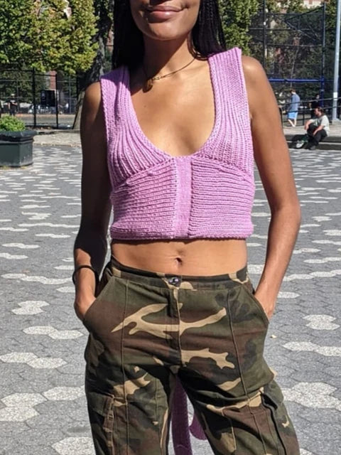 2025 New DIY Style Knitted Tank Top Sweater Female Streetwear Fashion High Waist Camisole Women Sexy Backless Bandage Tops