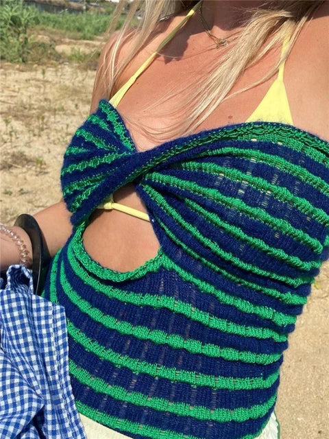 2025 Off Shoulder Knit Tube Top Sexy Strapless Backless Bustier Tops For Women Stripe Cropped Top Hot Summer Streetwear