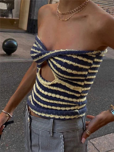 2025 Off Shoulder Knit Tube Top Sexy Strapless Backless Bustier Tops For Women Stripe Cropped Top Hot Summer Streetwear