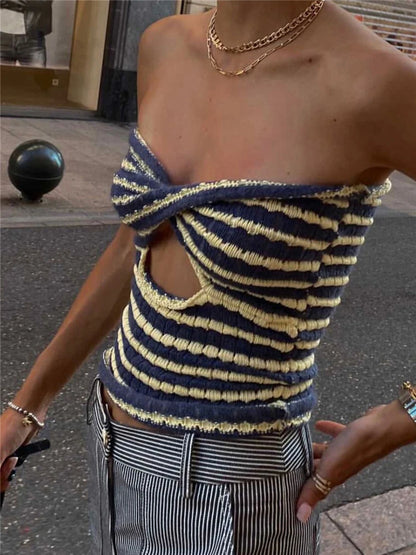 2025 Off Shoulder Knit Tube Top Sexy Strapless Backless Bustier Tops For Women Stripe Cropped Top Hot Summer Streetwear