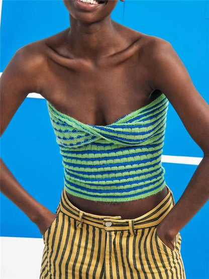 2025 Off Shoulder Knit Tube Top Sexy Strapless Backless Bustier Tops For Women Stripe Cropped Top Hot Summer Streetwear