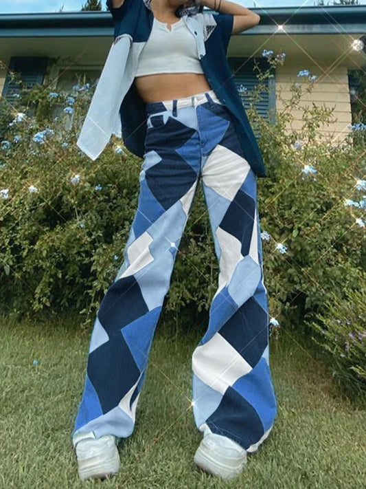 Argyle Plaid Casual Straight Pants Women High Waist Jeans Y2K Harajuku Aesthetic Trousers Checkered Streetwear 2025 New