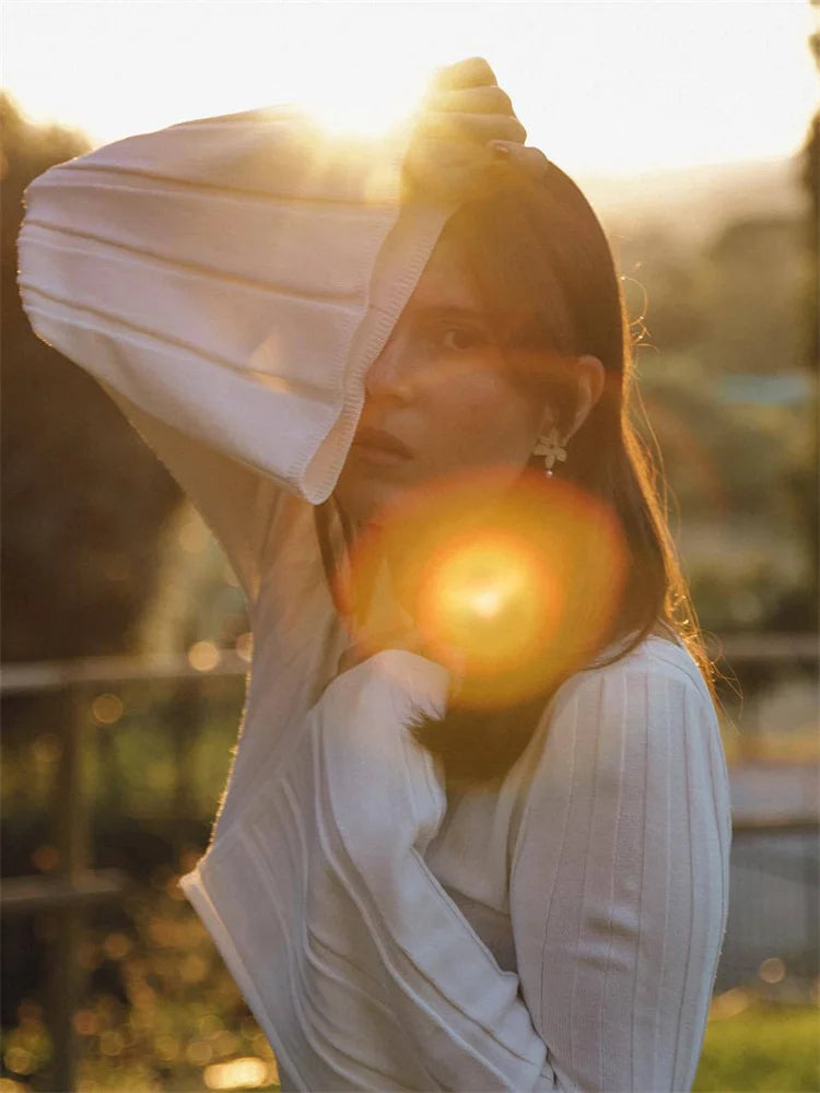 Vestido largo informal de otoño sin espalda para mujer, de punto, con cordones y retazos, ajustado, sexy, de cintura alta, de punto blanco