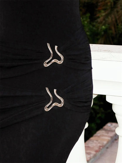 Autumn Fashion Black Maxi Dress For Women Pleated Slim High Waist Long Sleeve Elegant Sexy Party Dress Ladies Y2k Dress