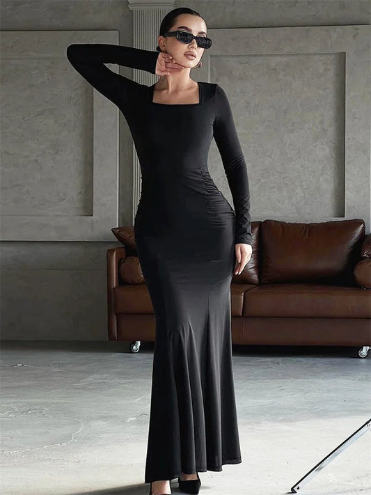 Autumn Fashion Black Maxi Dress Women’s Square Collar High Waist Slim Elegant Party Dress Gown Female Solid Long Dress New