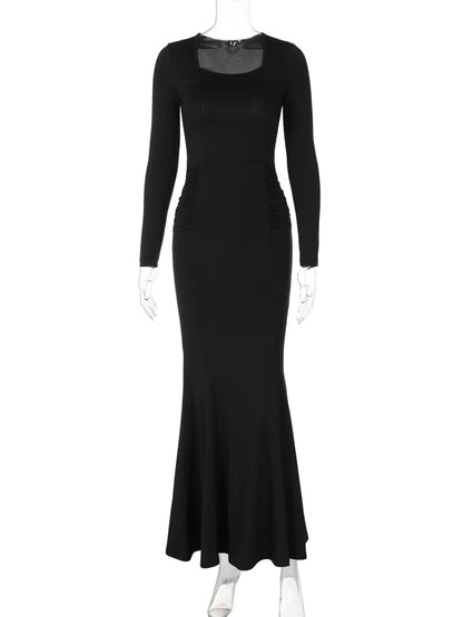 Autumn Fashion Black Maxi Dress Women’s Square Collar High Waist Slim Elegant Party Dress Gown Female Solid Long Dress New