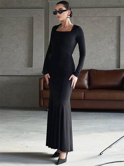 Autumn Fashion Black Maxi Dress Women’s Square Collar High Waist Slim Elegant Party Dress Gown Female Solid Long Dress New