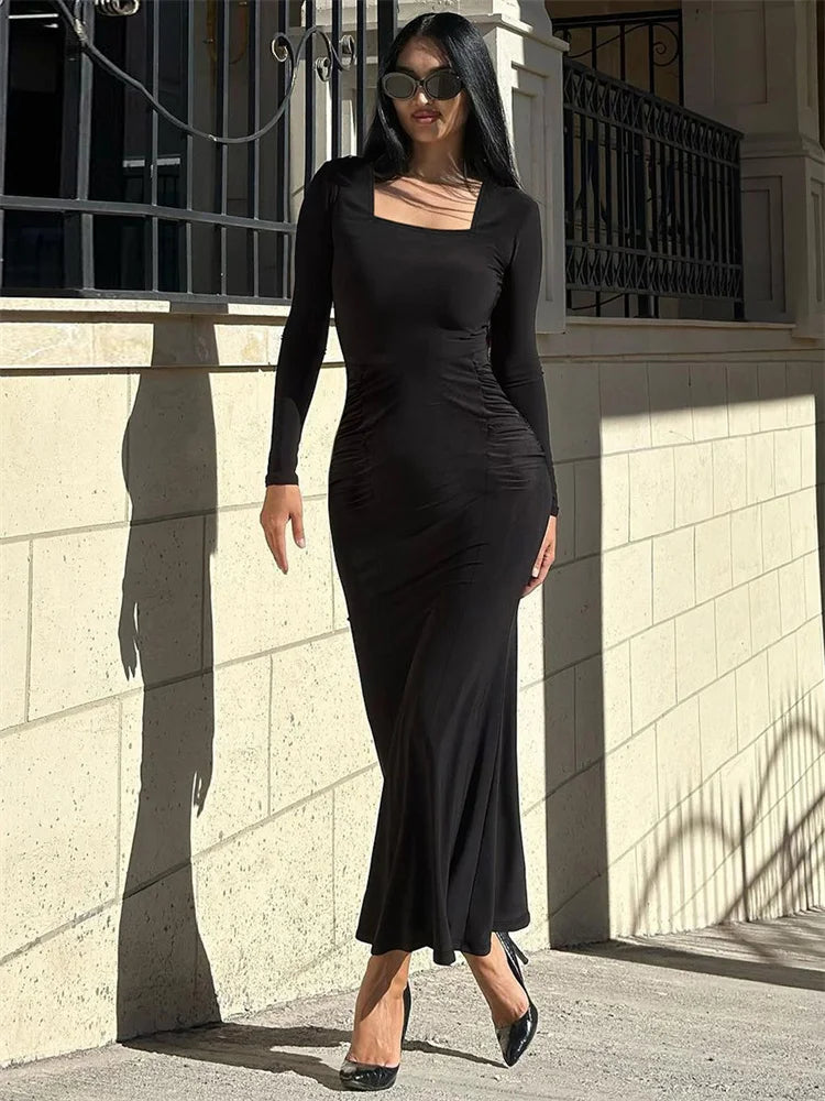 Autumn Fashion Black Maxi Dress Women’s Square Collar High Waist Slim Elegant Party Dress Gown Female Solid Long Dress New