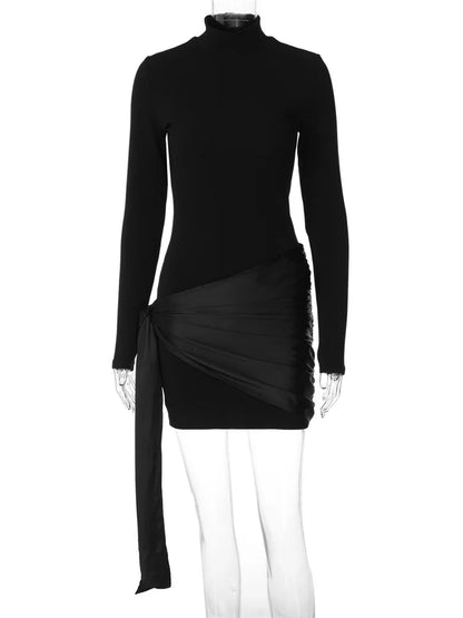Autumn Fashion Black Mini Dress Female Lace-Up Slim Patchwork High Waist Long Sleeve Sexy Solid Dress Women Bandage Dress
