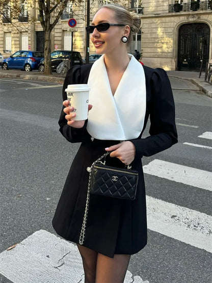 Autumn Fashion Elegant Mini Dress For Women Patchwork Slim Long Sleeve V-Neck High Waist Commute Female Party Dress