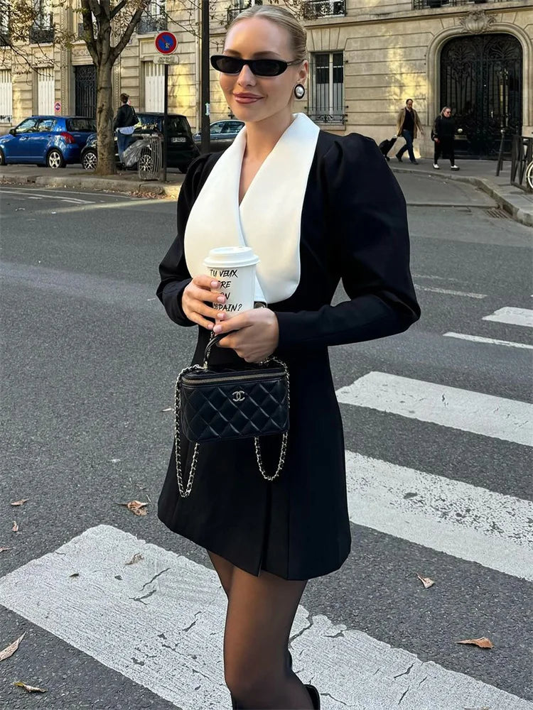 Autumn Fashion Elegant Mini Dress For Women Patchwork Slim Long Sleeve V-Neck High Waist Commute Female Party Dress