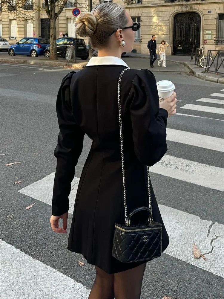 Autumn Fashion Elegant Mini Dress For Women Patchwork Slim Long Sleeve V-Neck High Waist Commute Female Party Dress