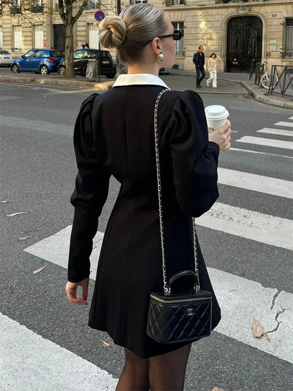 Autumn Fashion Elegant Mini Dress For Women Patchwork Slim Long Sleeve V-Neck High Waist Commute Female Party Dress