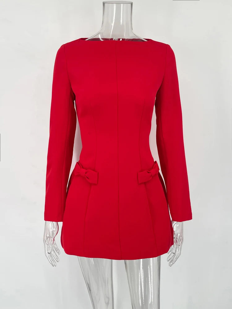 Autumn Female Tee Bow Mini Dress Slim Fashion Patchwork High Waist Elegant Party Dress Women’s Solid Y2k Bodycon Dress New