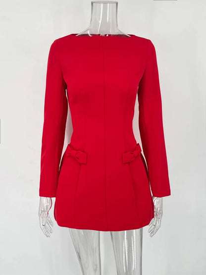 Autumn Female Tee Bow Mini Dress Slim Fashion Patchwork High Waist Elegant Party Dress Women’s Solid Y2k Bodycon Dress New