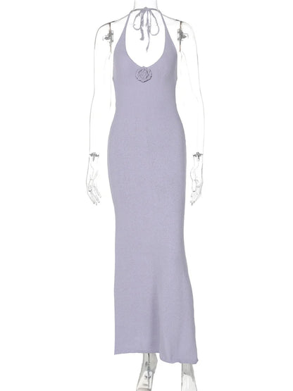 Autumn Floral Knit Long Dress Women’s Hollow Out Lace-Up Scoop Neck Slim Patchwork Holiday Beach Dress Knitwear Maxi Dress