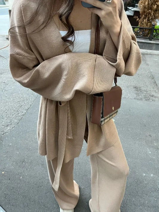 Autumn Knit 3 Piece-Set For Women Outfits Lace-Up Vest Outwear Wide Leg Trousers Outfits Casual Solid Pleated Ladies Sets