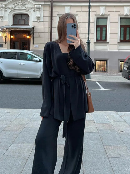 Conjunto de 3 piezas de punto de otoño para mujer, chaleco con cordones, prendas de vestir exteriores, pantalones anchos, conjuntos casuales lisos con pliegues para mujer.