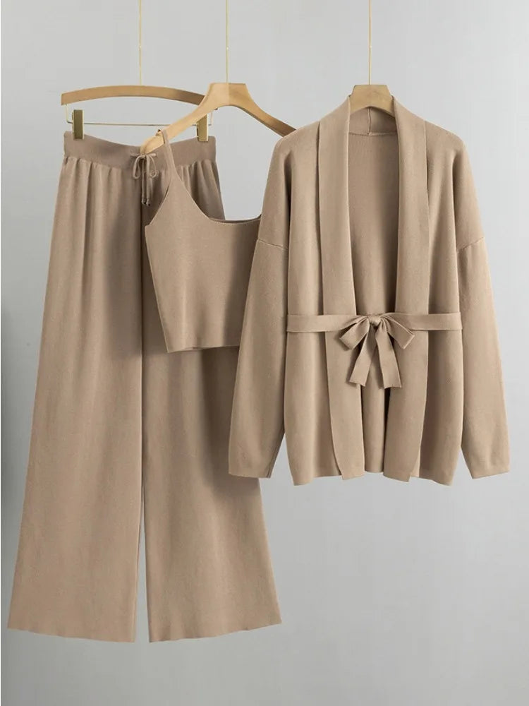 Conjunto de 3 piezas de punto de otoño para mujer, chaleco con cordones, prendas de vestir exteriores, pantalones anchos, conjuntos casuales lisos con pliegues para mujer.