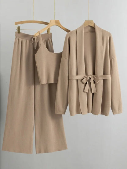 Conjunto de 3 piezas de punto de otoño para mujer, chaleco con cordones, prendas de vestir exteriores, pantalones anchos, conjuntos casuales lisos con pliegues para mujer.