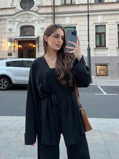 Conjunto de 3 piezas de punto de otoño para mujer, chaleco con cordones, prendas de vestir exteriores, pantalones anchos, conjuntos casuales lisos con pliegues para mujer.