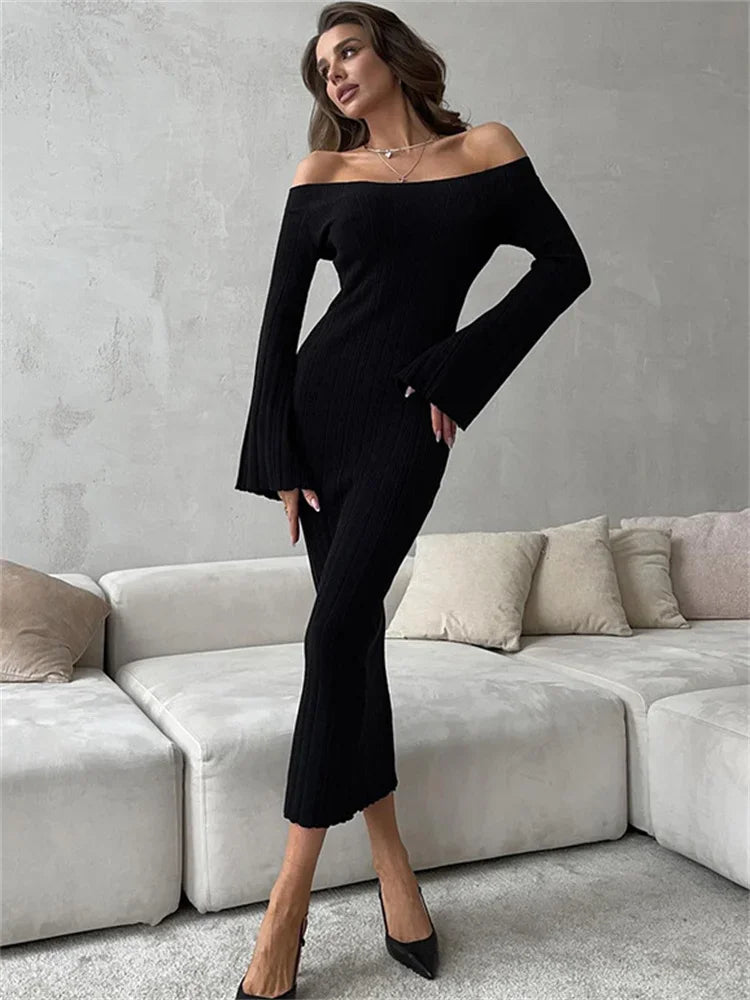 Autumn Knit Ribbed Long Dress Women Off-Shoulder Slim High Waist Patchwork Elegant Party Dress Female Maxi Dress Knitwear