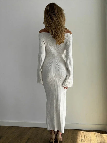 Autumn Knit Ribbed Long Dress Women Off-Shoulder Slim High Waist Patchwork Elegant Party Dress Female Maxi Dress Knitwear