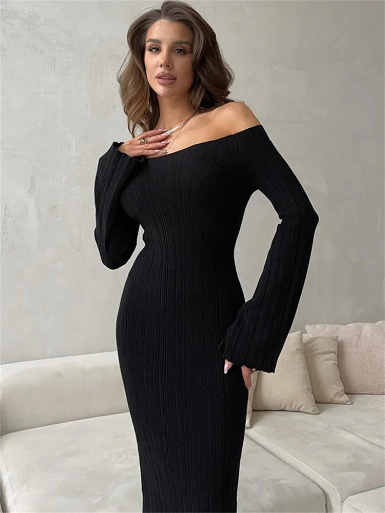 Autumn Knit Ribbed Long Dress Women Off-Shoulder Slim High Waist Patchwork Elegant Party Dress Female Maxi Dress Knitwear