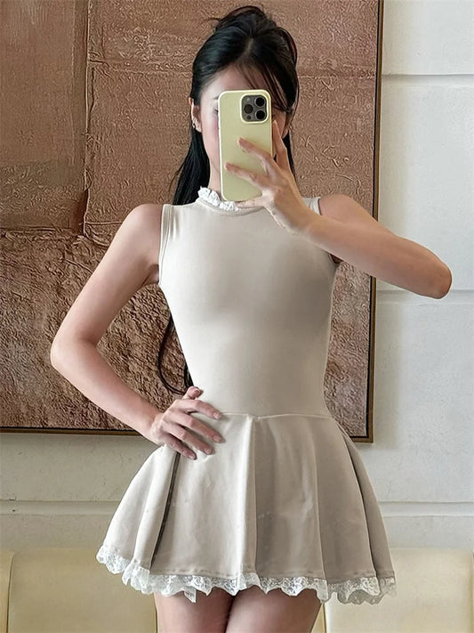 Autumn Lace Patchwork Mini Dress For Women Ruffled Sleeveless Elegant Slim Party Dress Gown Female Luxury High Waist Dress