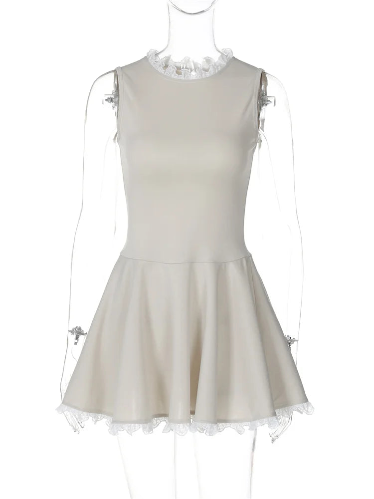 Autumn Lace Patchwork Mini Dress For Women Ruffled Sleeveless Elegant Slim Party Dress Gown Female Luxury High Waist Dress